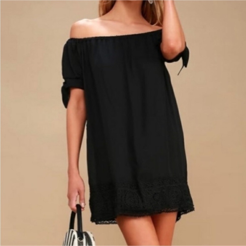 Lulus Moment In The Sun Black Lace Off-the-shoulder Dress